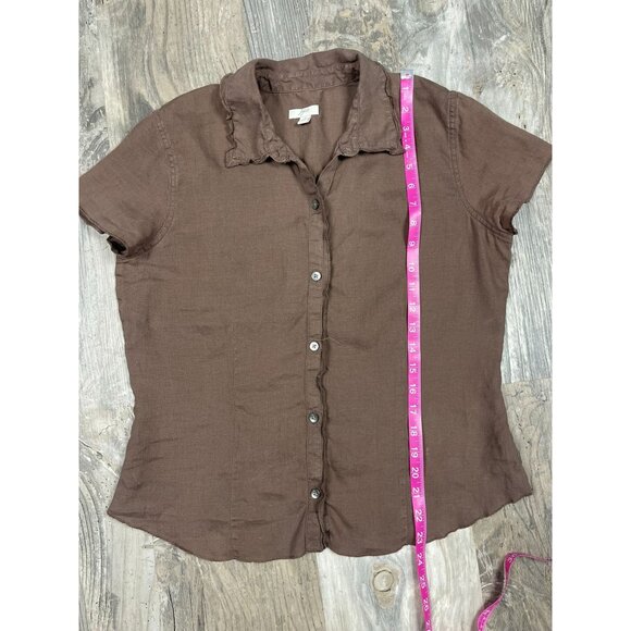 J Jill Linen Button Down Short Sleeve Shirt Small Brown Casual Collared - Picture 7 of 7